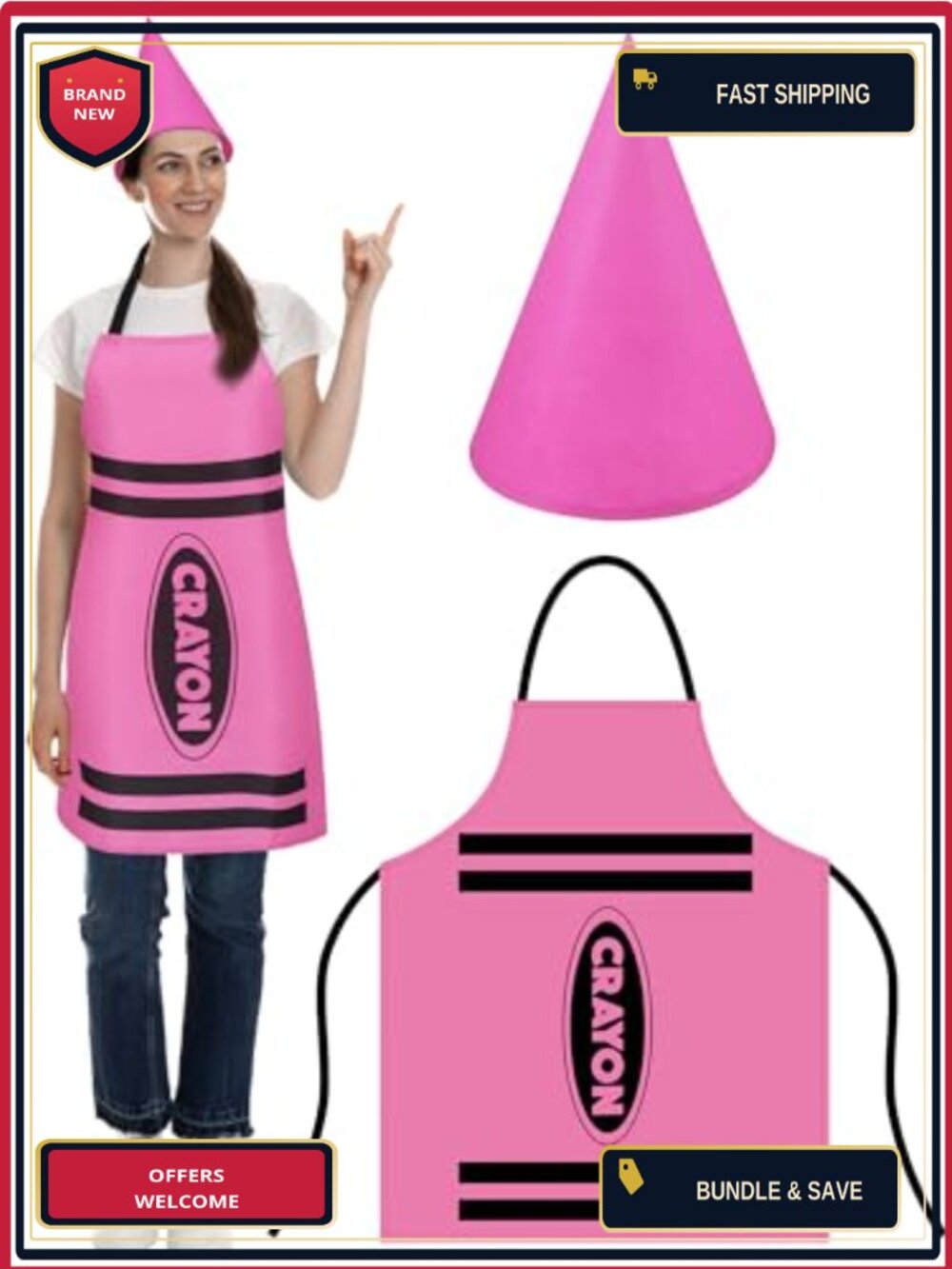Crayon Costume Set Apron Cone Hat Adult Felt Fiber Cotton Halloween
